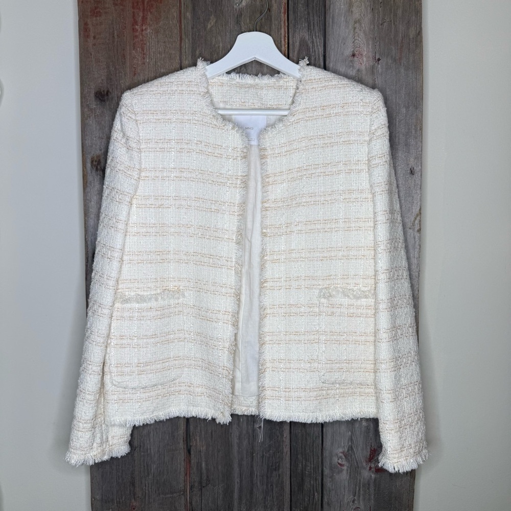 MNG Mango Cream Textured Tweed Open Jacket Fringe Trim Medium